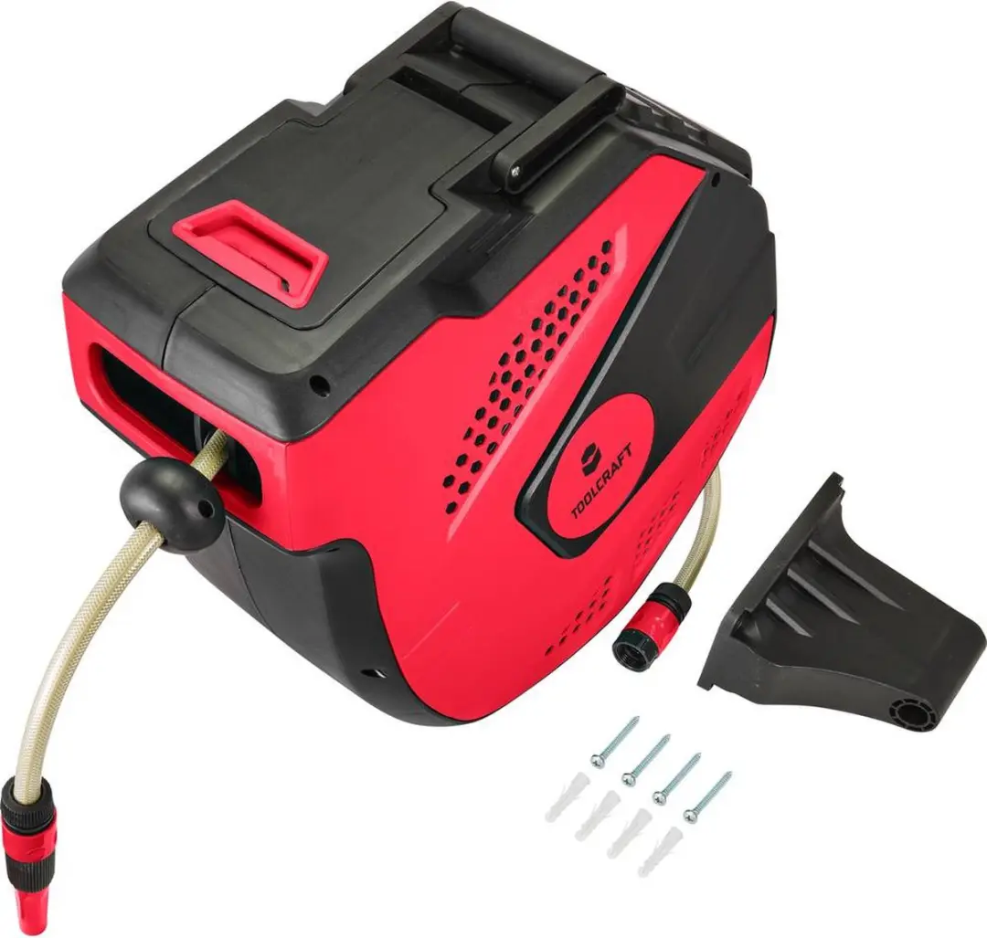TOOLCRAFT TO-7394535 Tuinslangwandhouder 20m - 12,7mm - Zwart/Rood