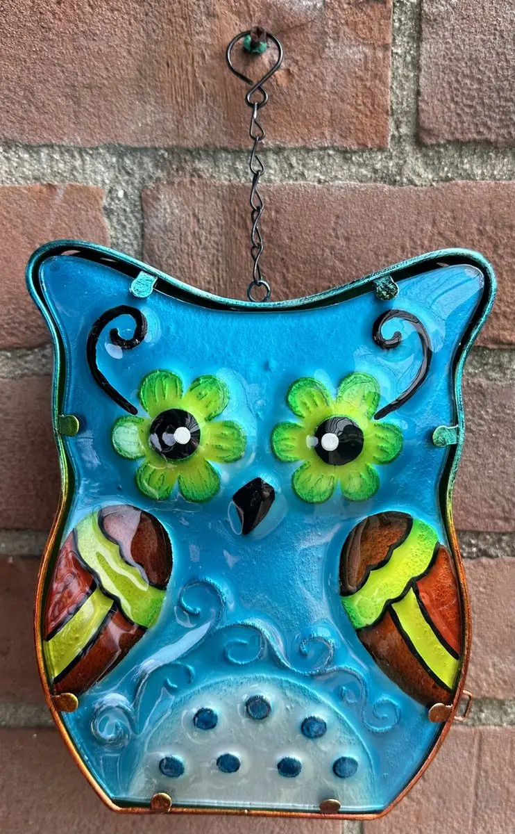 Impuls Glazen Uil Theelichthouder - Metaal Blauw Meerkleurig 30cm