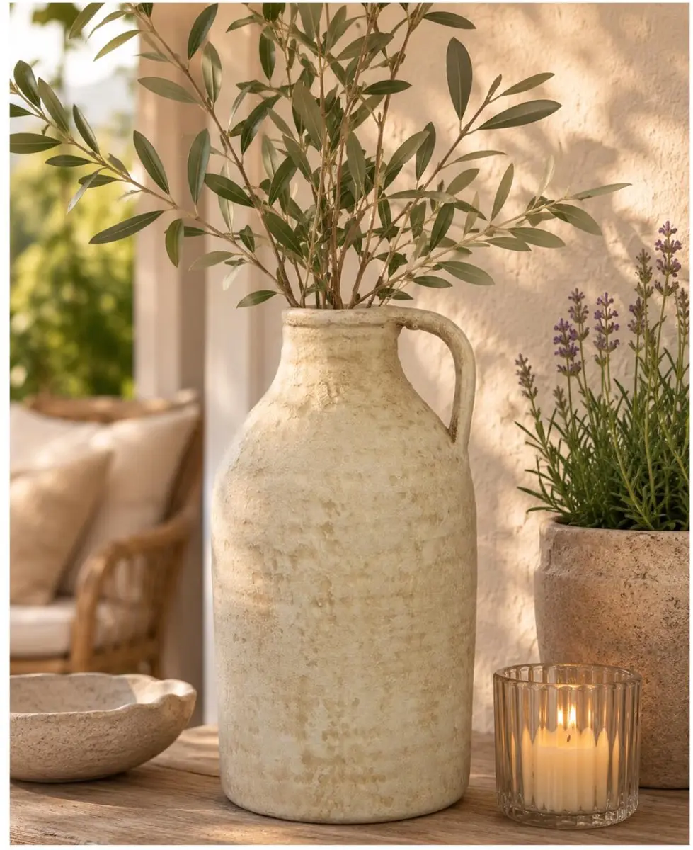 Decoris Kruik Aardewerk 2x - Ø15xH30cm - Crème