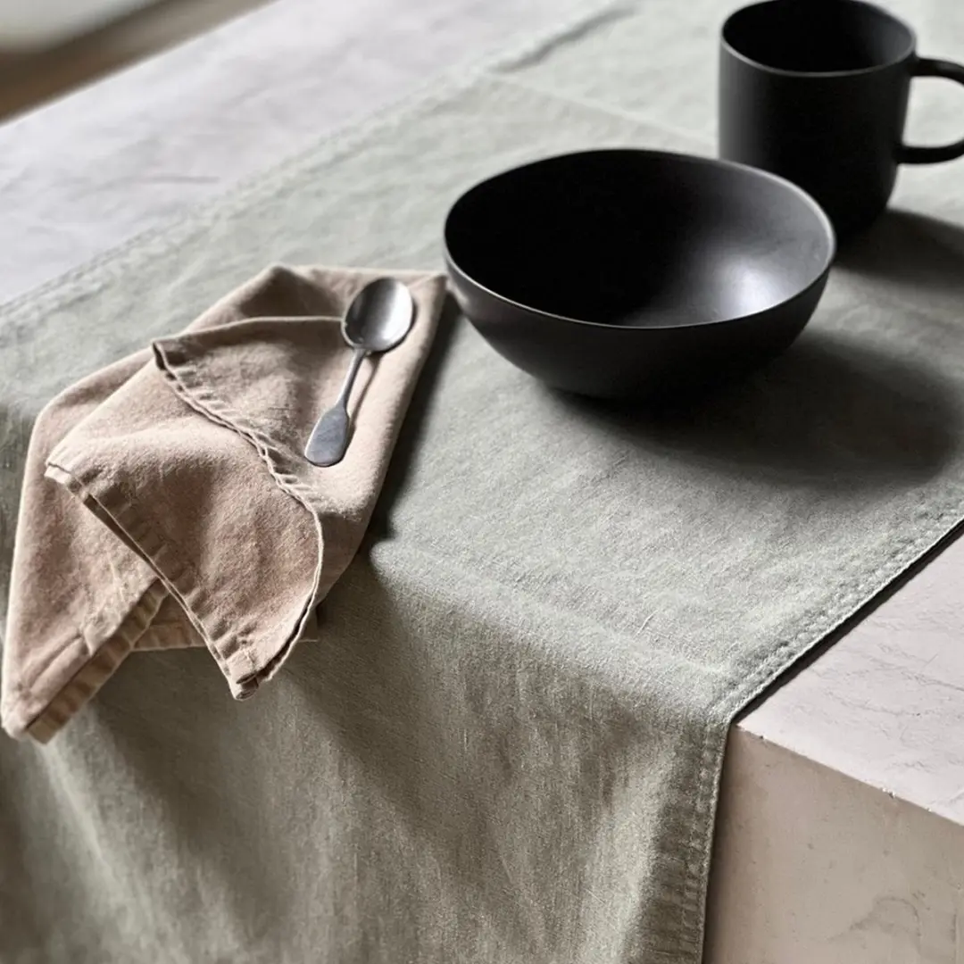 Dutch Rose Linen Tafelloper 40x150cm - Groen Grijs