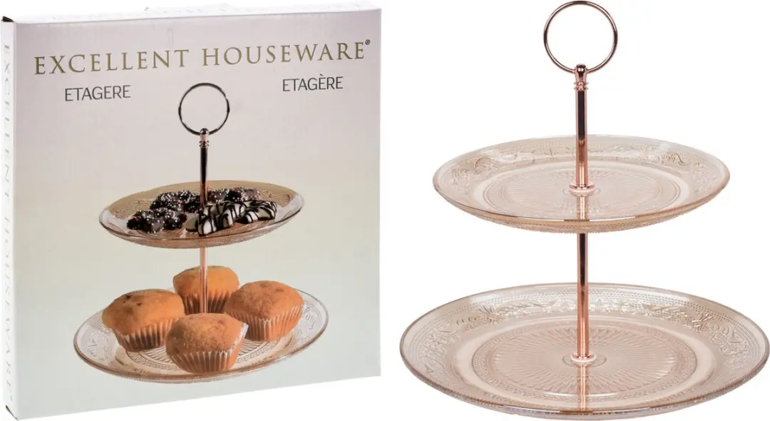 Excellent Houseware Glas Etagère Rosé - 18/22,5cm