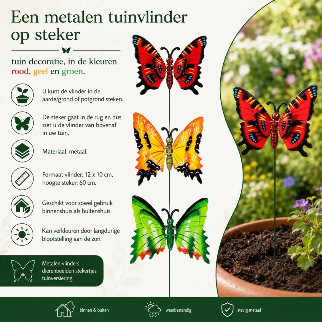Decoris Tuin Deco Vlinder op Stok - Groen Metaal 70cm