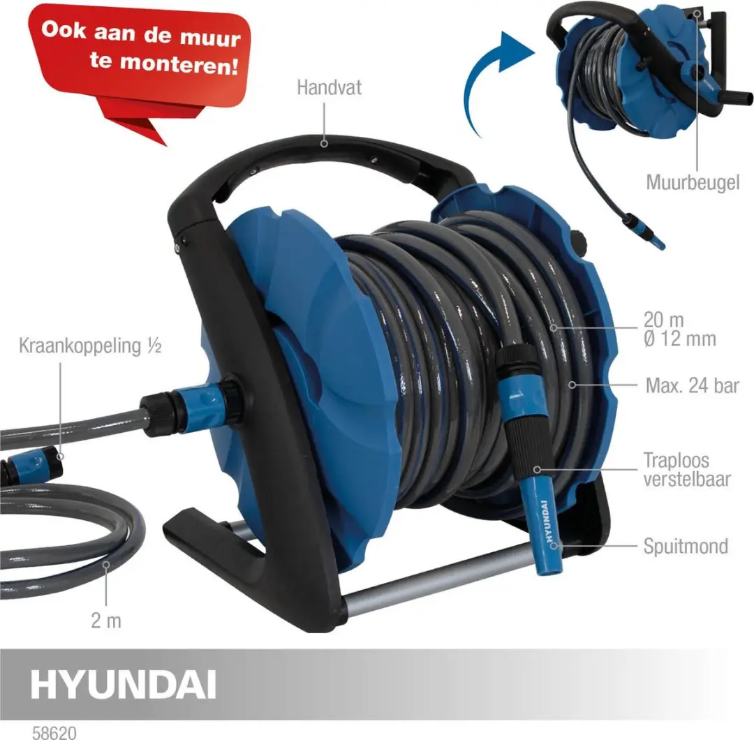 Hyundai Slanghaspel 20m 12mm - Zilver/Blauw/Zwart
