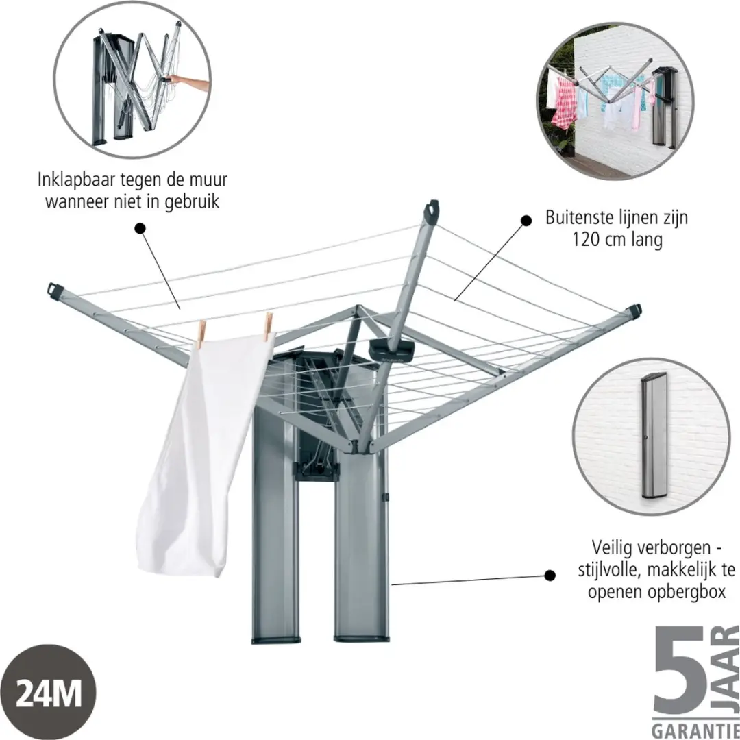 Brabantia WallFix Wanddroogrek 24m Metallic Grey - incl. Beschermbox