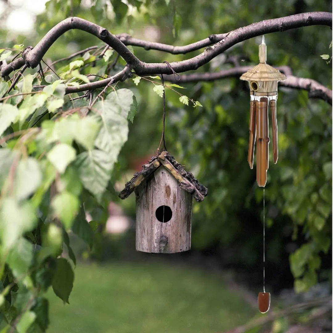 Excellent Houseware Windgong met Vogelhuisje - Bamboe - Ø16 x 90cm