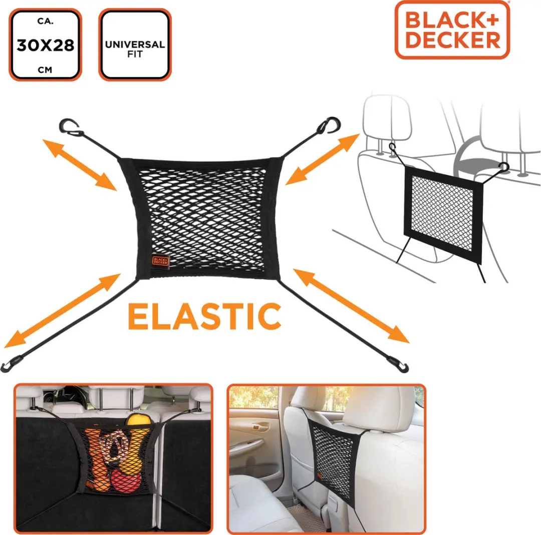 BLACK+DECKER Autostoel Organizer Opbergnet 30x28cm - Zwart