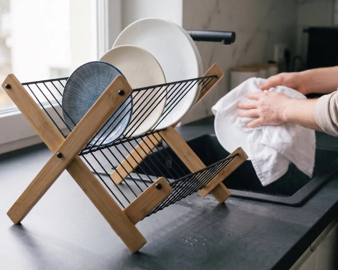 Cookinglife Opvouwbaar Afdruiprek - Zwart Metaal & Bamboe