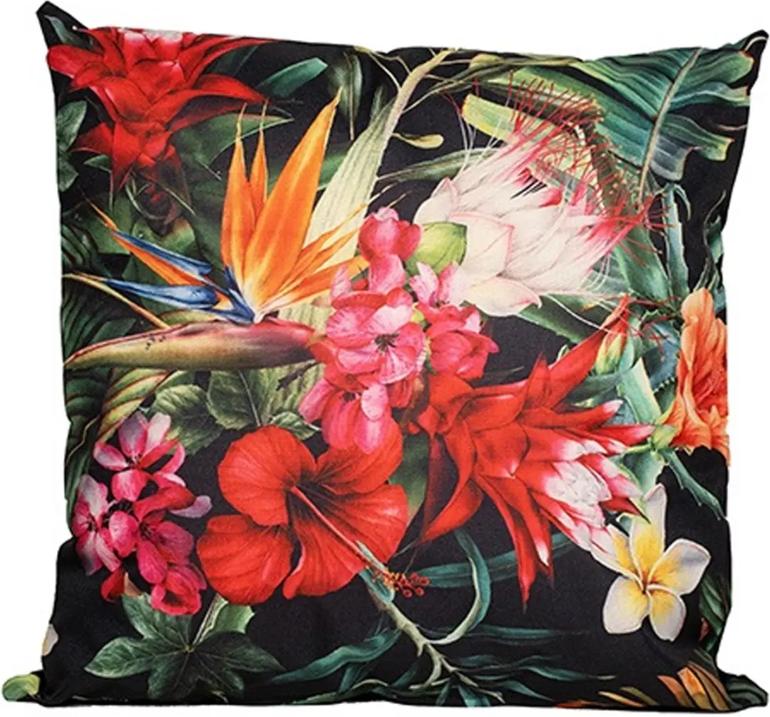 Anna's Collection Buitenkussen Bloem 60x60cm - 2 Stuks - Rood/Zwart