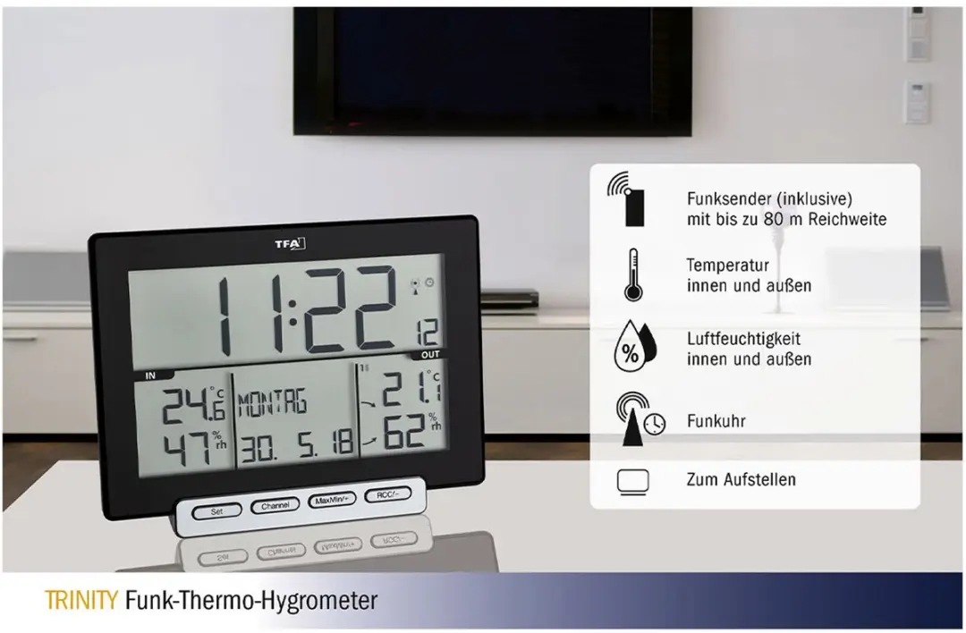 TFA Dostmann 30.3058.01 Horloge - Basisstation & Sensor Zwart
