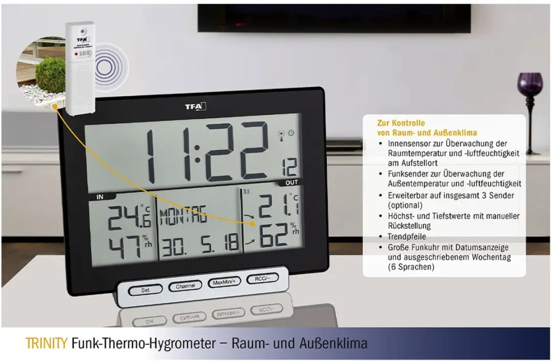 TFA Dostmann 30.3058.01 Horloge - Basisstation & Sensor Zwart