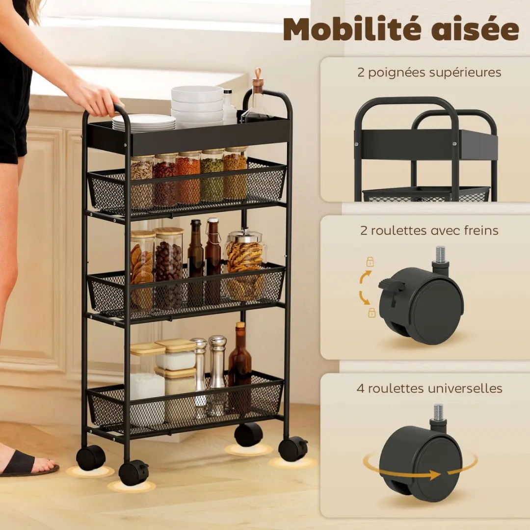 HOMCOM Keukenwagen - Metaal - 19x43,2x80cm - Zwart