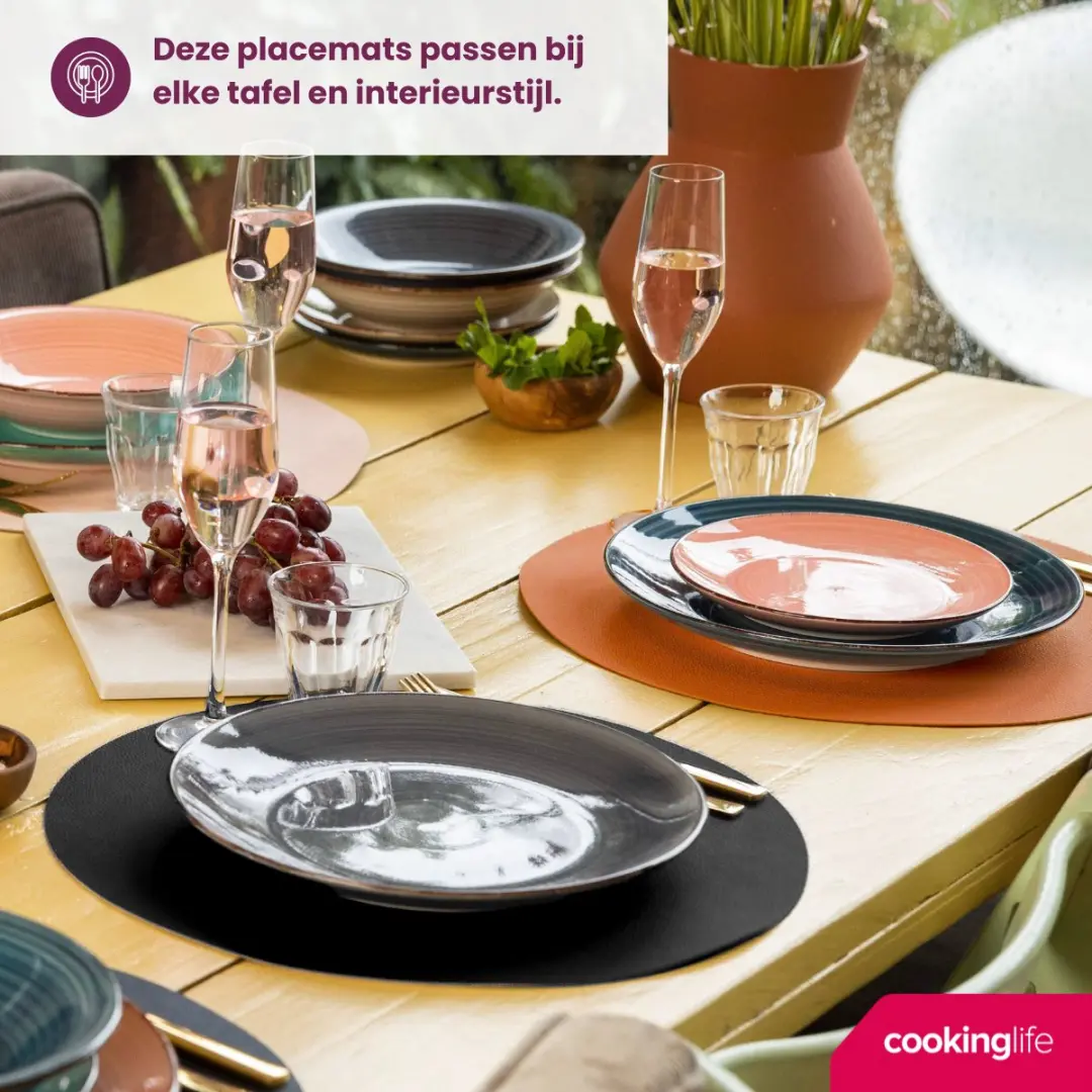 Cookinglife Placemats Lederlook Vegan Zwart/Cognac - 6 Stuks Ø38cm