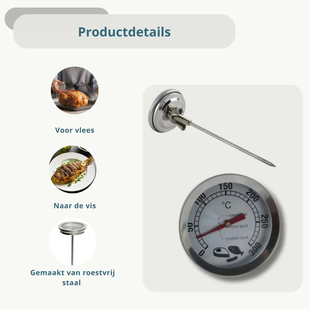 Orion Rookoven Thermometer Edelstaal 16cm - Zilver
