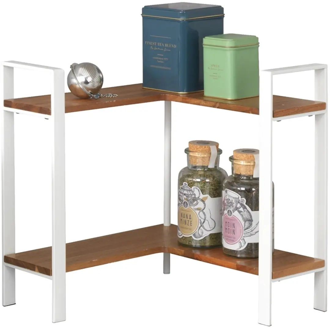 Wenko Keukenhoekrek Lou 30x33cm - 2 Niveaus - Mat Wit Staal & FSC Acacia