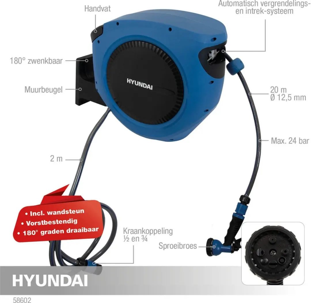 Hyundai Automatische Slanghaspel 20m - 12.5mm - 22m totaal - Zilver/Blauw/Zwart - afbeelding 6 van 6