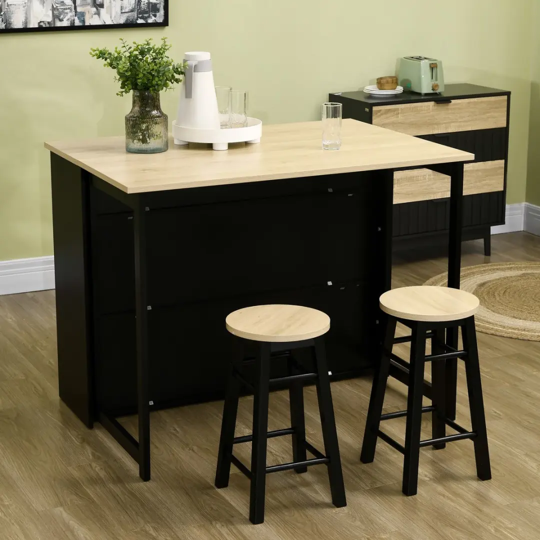 Homcom Bartisch Set - 116x70x89,5cm - 1 Tafel + 2 Barhockers - Eiken/Zwart