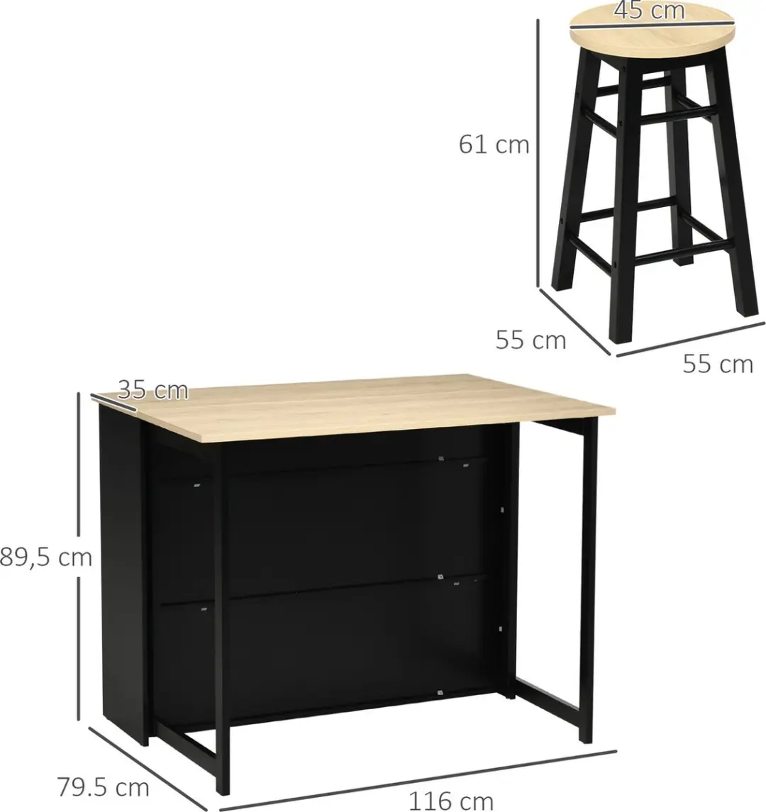 Homcom Bartisch Set - 116x70x89,5cm - 1 Tafel + 2 Barhockers - Eiken/Zwart
