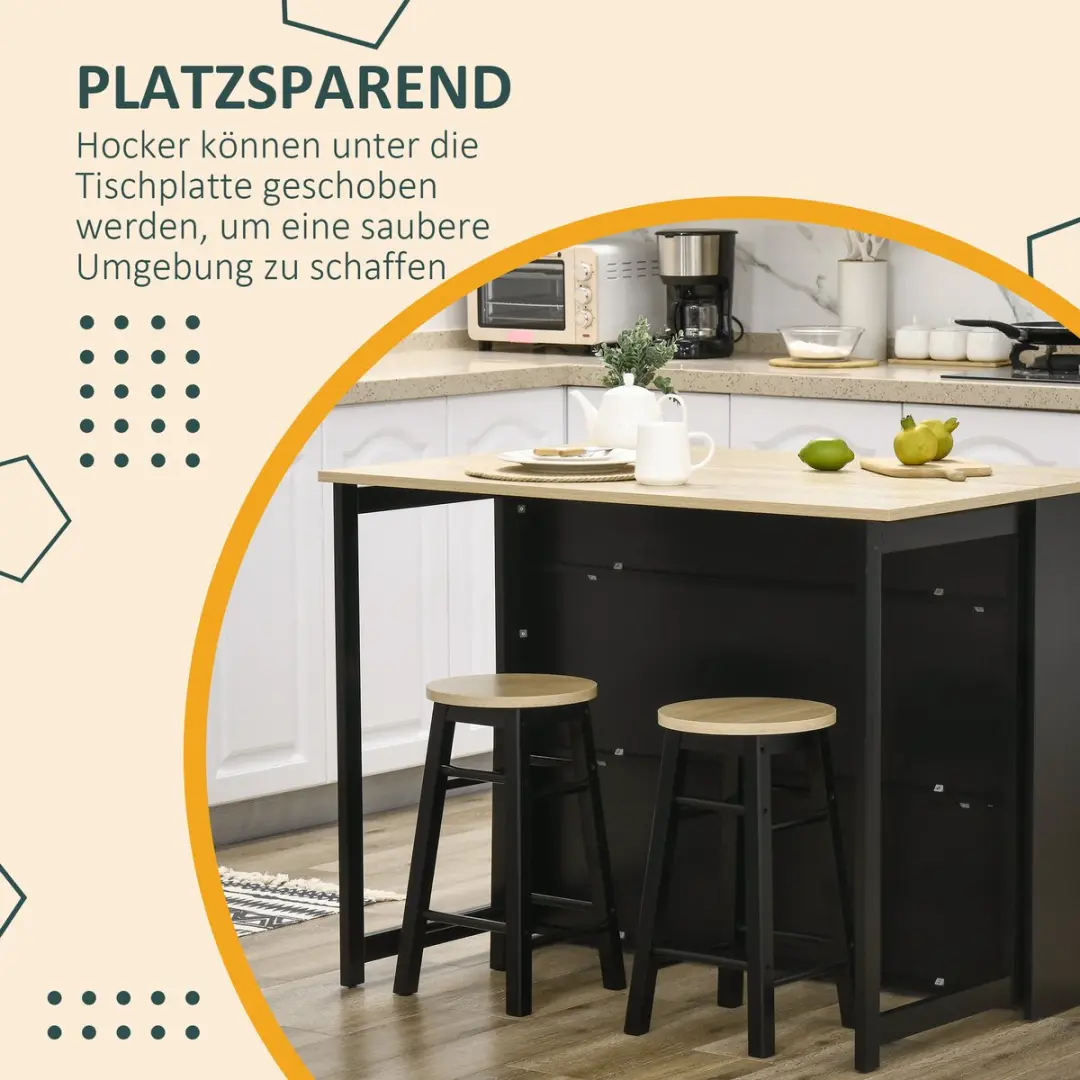 Homcom Bartisch Set - 116x70x89,5cm - 1 Tafel + 2 Barhockers - Eiken/Zwart