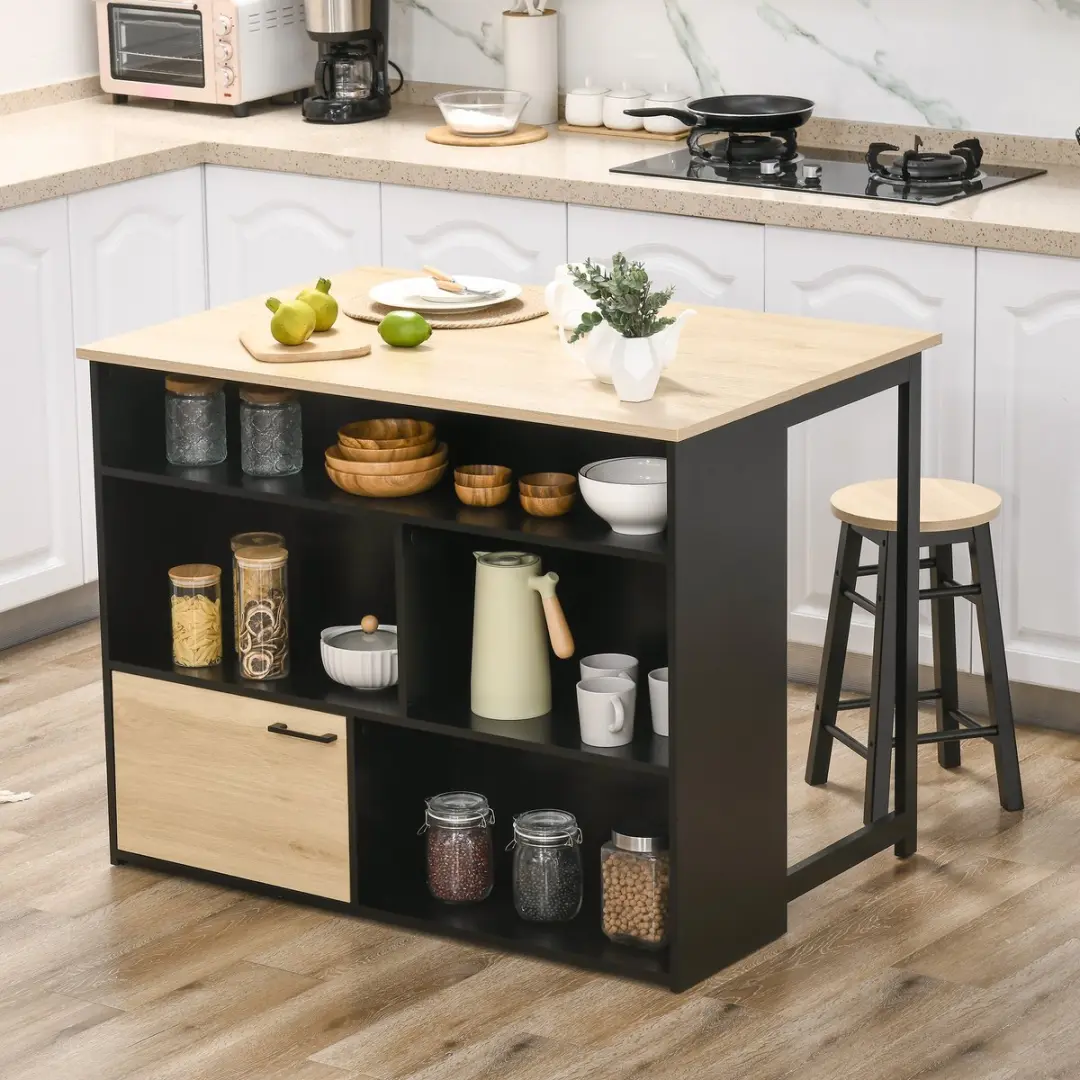 Homcom Bartisch Set - 116x70x89,5cm - 1 Tafel + 2 Barhockers - Eiken/Zwart