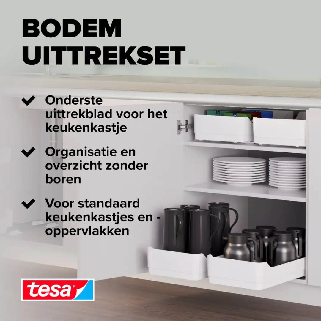 Tesa Uittrekbare Keukenlade Wit - 2x Rails + Plank - 5x Powerstrips