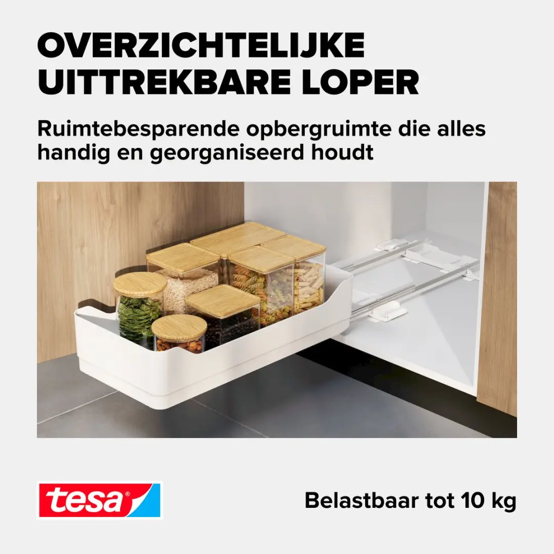 Tesa Uittrekbare Keukenlade Wit - 2x Rails + Plank - 5x Powerstrips