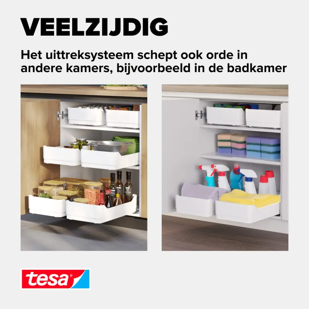 Tesa Uittrekbare Keukenlade Wit - 2x Rails + Plank - 5x Powerstrips
