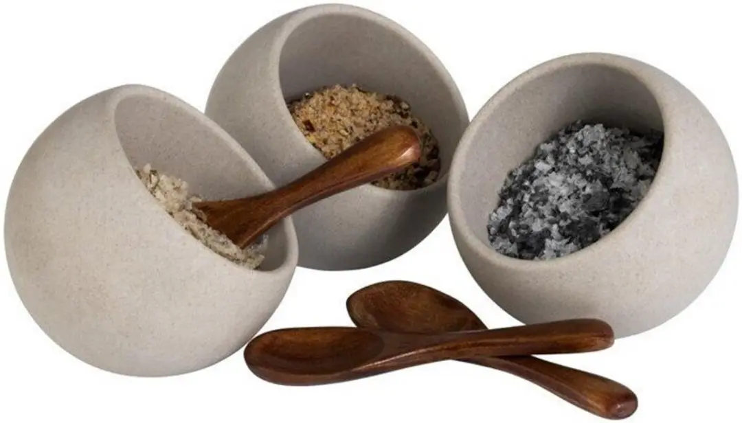 APS Moon Buffetset - 3 Houten Lepels & 3 Melamine Kommen 80mm - Grijs