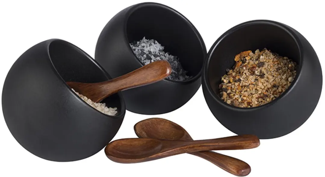 APS Moon Buffetset - 3 Houten Lepels & 3 Melamine Kommen 80mm - Grijs