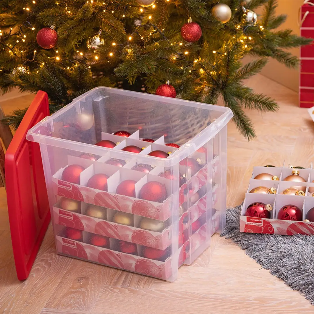 Sunware Nesta Kerstballen Opbergbox 45L - 64 Stuks - 46x36x36cm - Rood/Transparant