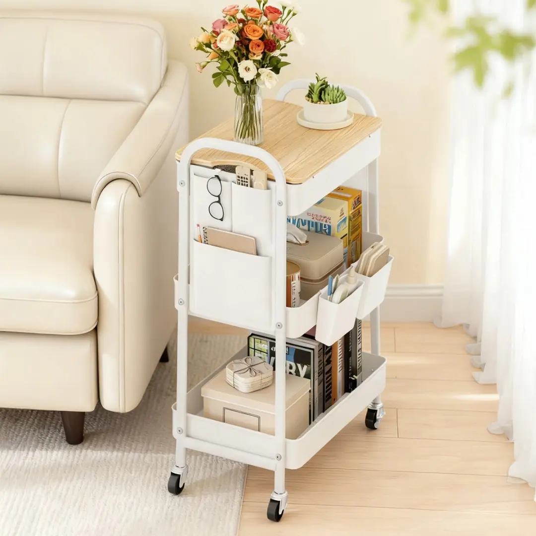Songmics Serveerwagen LRC036W01 - 3 Roosterplanken - 2 Hangbakken - 2 Organizers - Wit