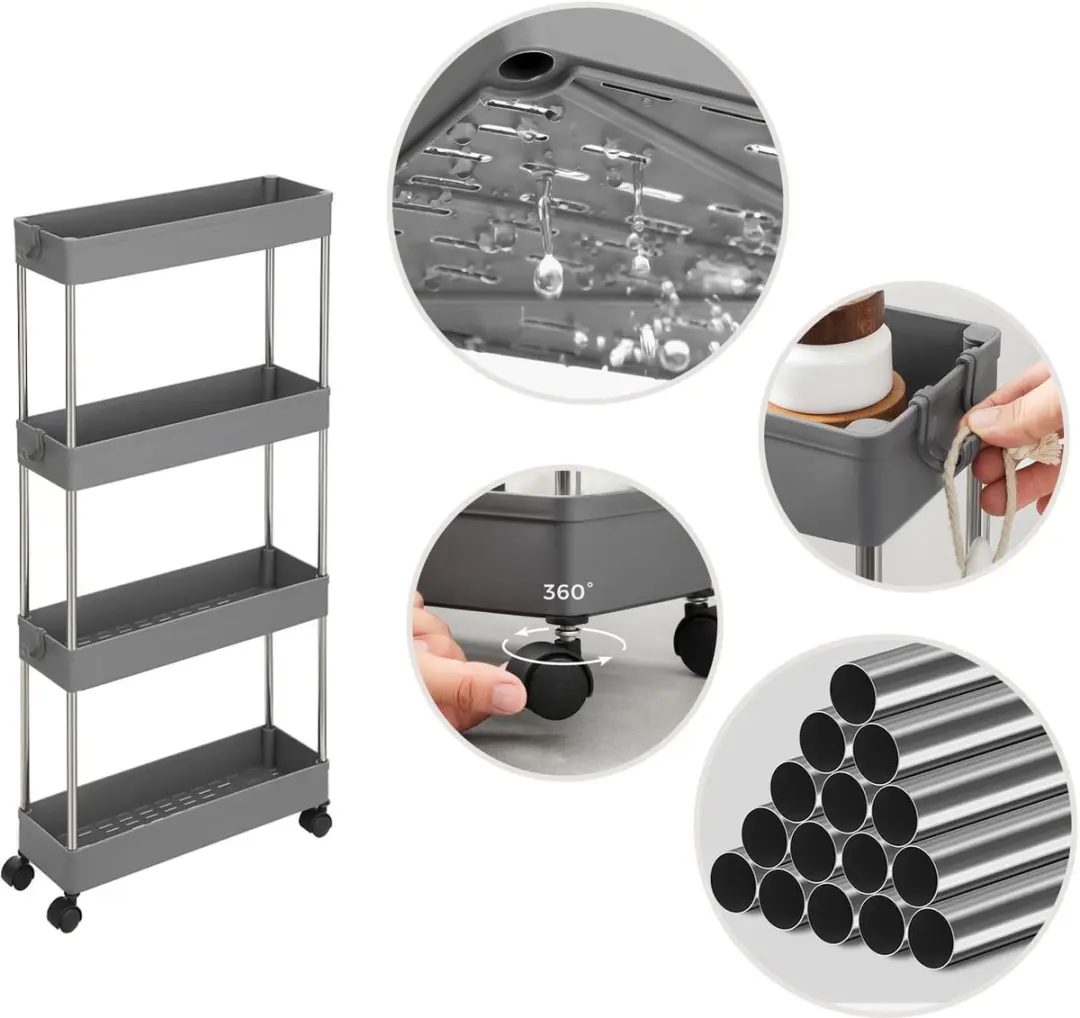 Songmics Opbergtrolley 4 Vakken - Metaal - Duifgrijs