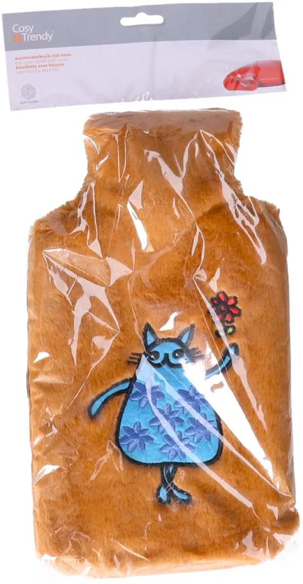 Cosy&Trendy Kruik 2L - Lichtbruin met Blauwe Kat - Pluche Hoes - afbeelding 2 van 4