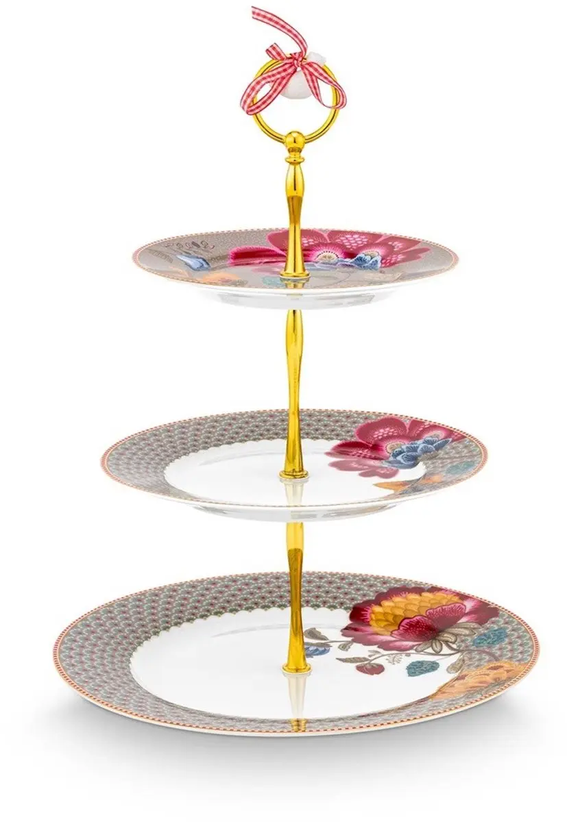 Pip Studio Taartstandaard Blooming Tales 3 Lagen - Khaki - Ø17-21-26,5cm