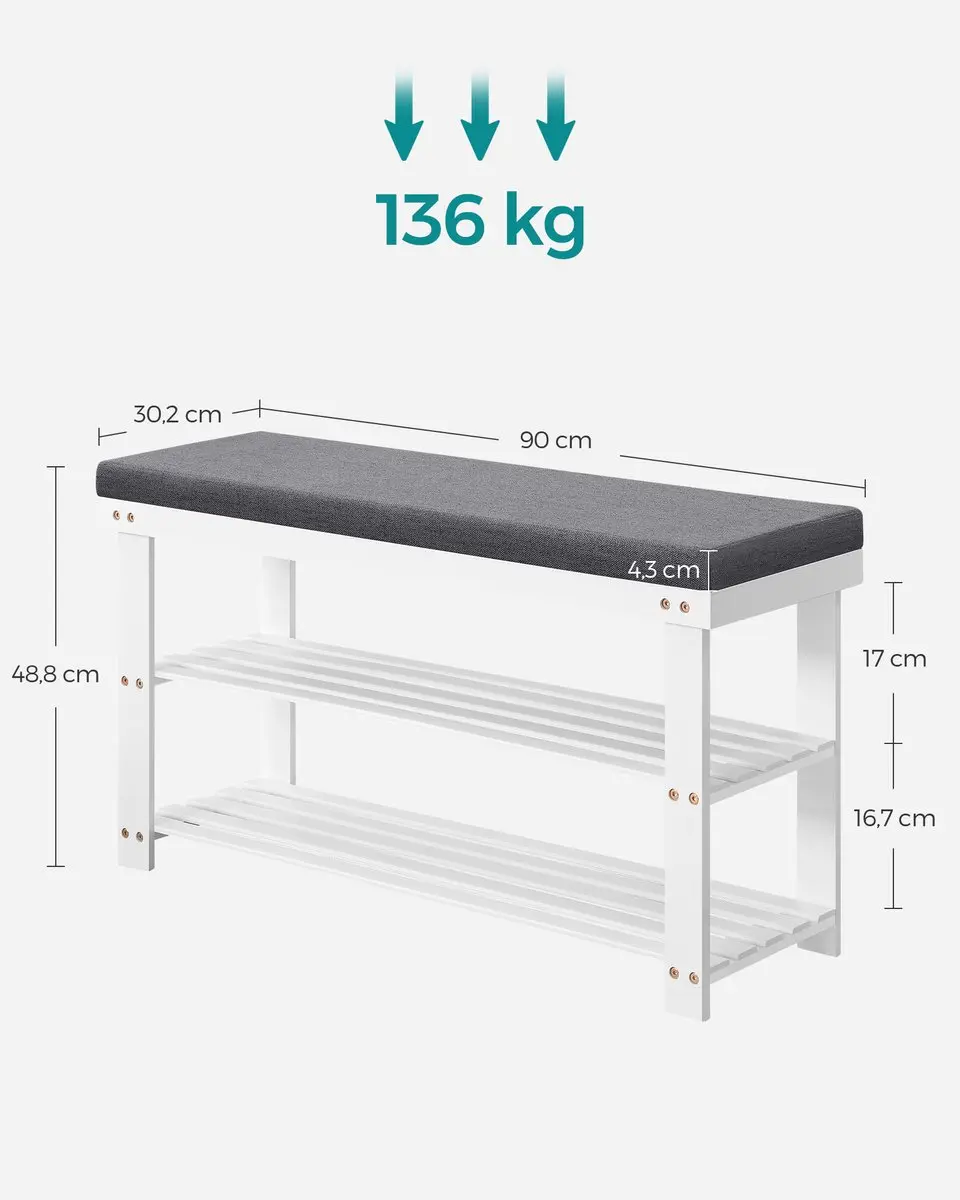 Songmics Bamboe Schoenenbank 3-Lagen - 136 kg - Cloud White/Slate Gray