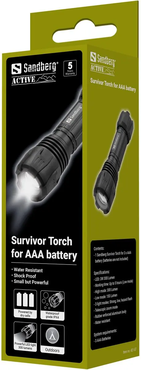 Sandberg Survivor Zaklamp AAA - Black