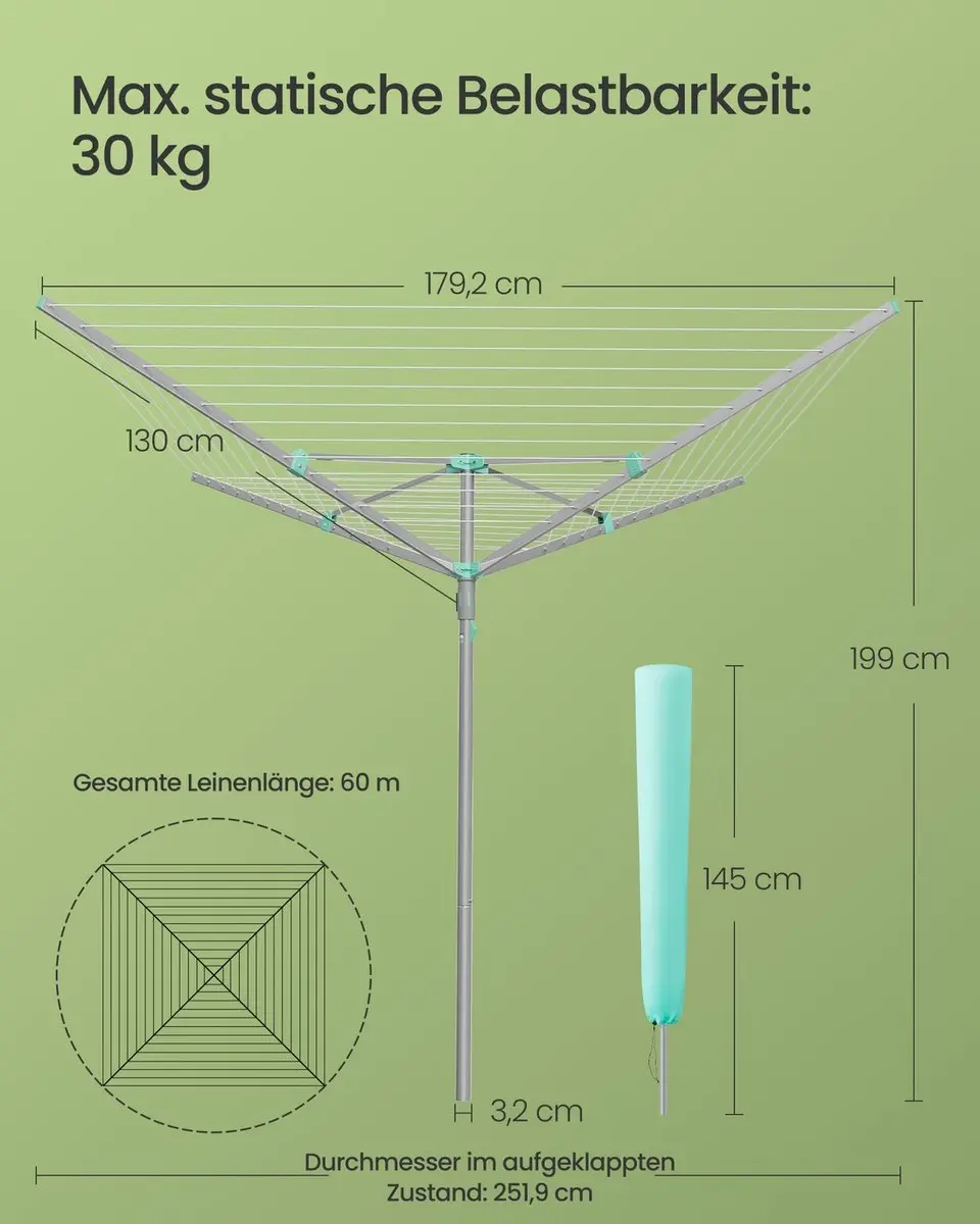 Songmics Draaibare Waslijn 60m - Staal/Kunststof - Zilver - afbeelding 6 van 6