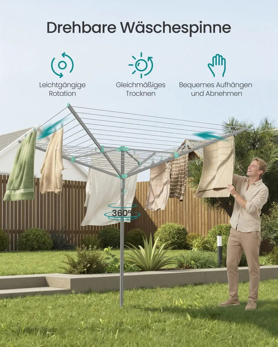 Songmics Draaibare Waslijn 60m - Staal/Kunststof - Zilver - afbeelding 3 van 6
