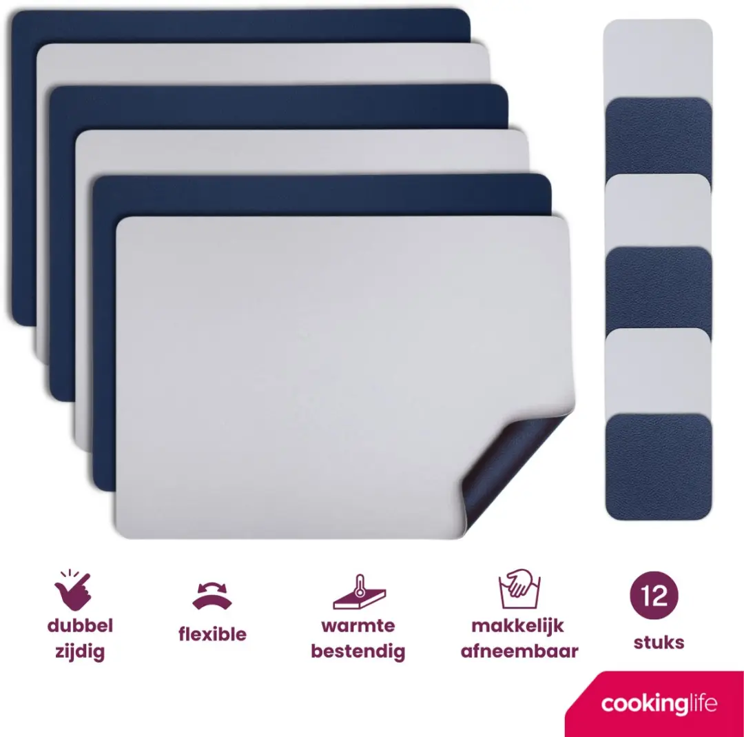 Cookinglife Placemats & Onderzetters - 12 Stuks - Vegan Lederlook - Grijs/Blauw