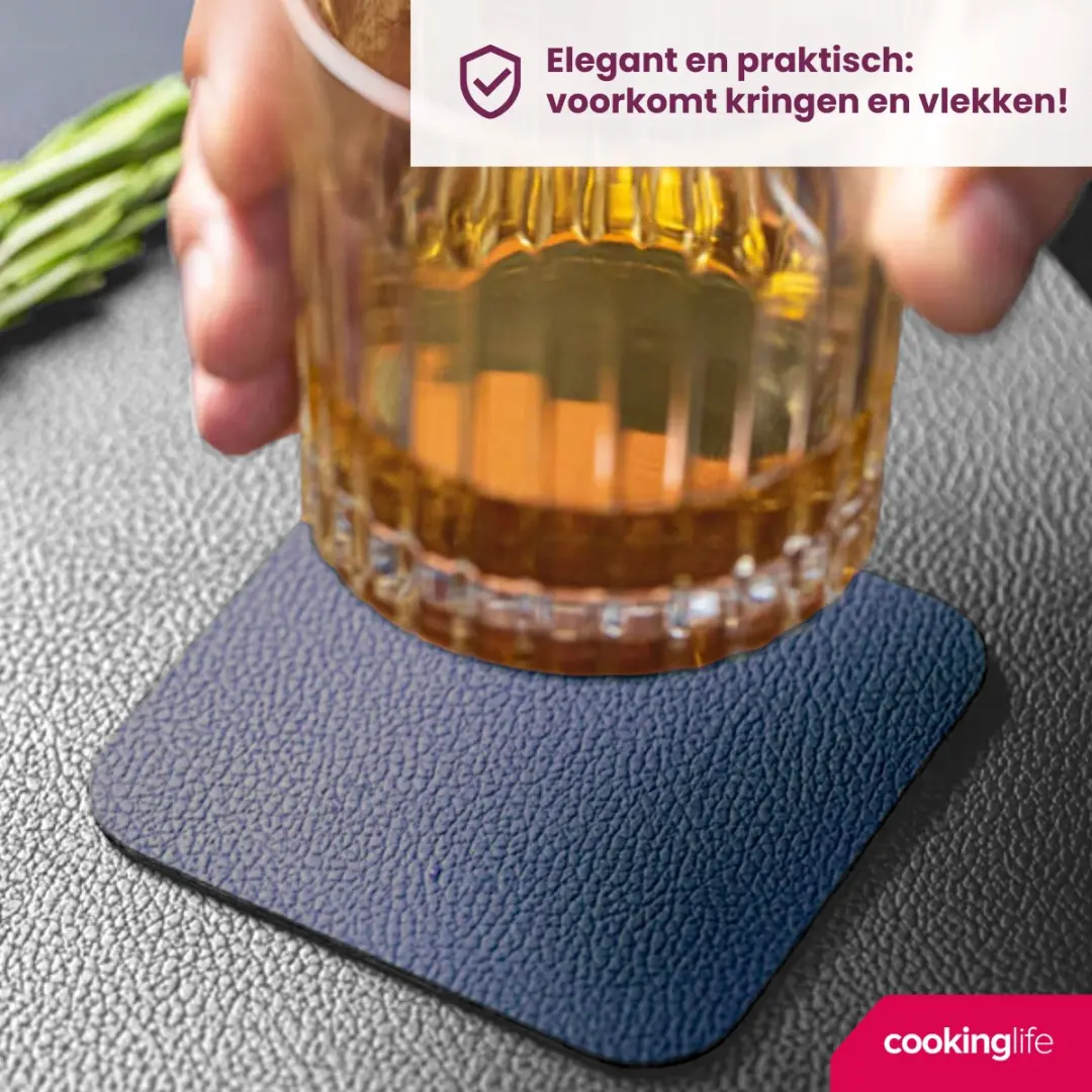 Cookinglife Placemats & Onderzetters - 12 Stuks - Vegan Lederlook - Grijs/Blauw