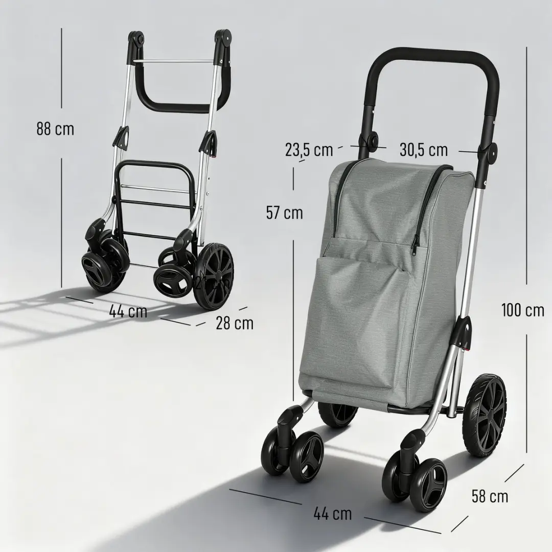 Homcom 3-in-1 Winkelwagen Oxford Grijs - 58L - 6 Wielen