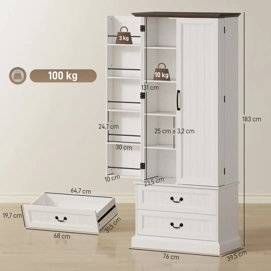 Homcom Keukenkast 76x39,5x183cm Spaanplaat - Wit