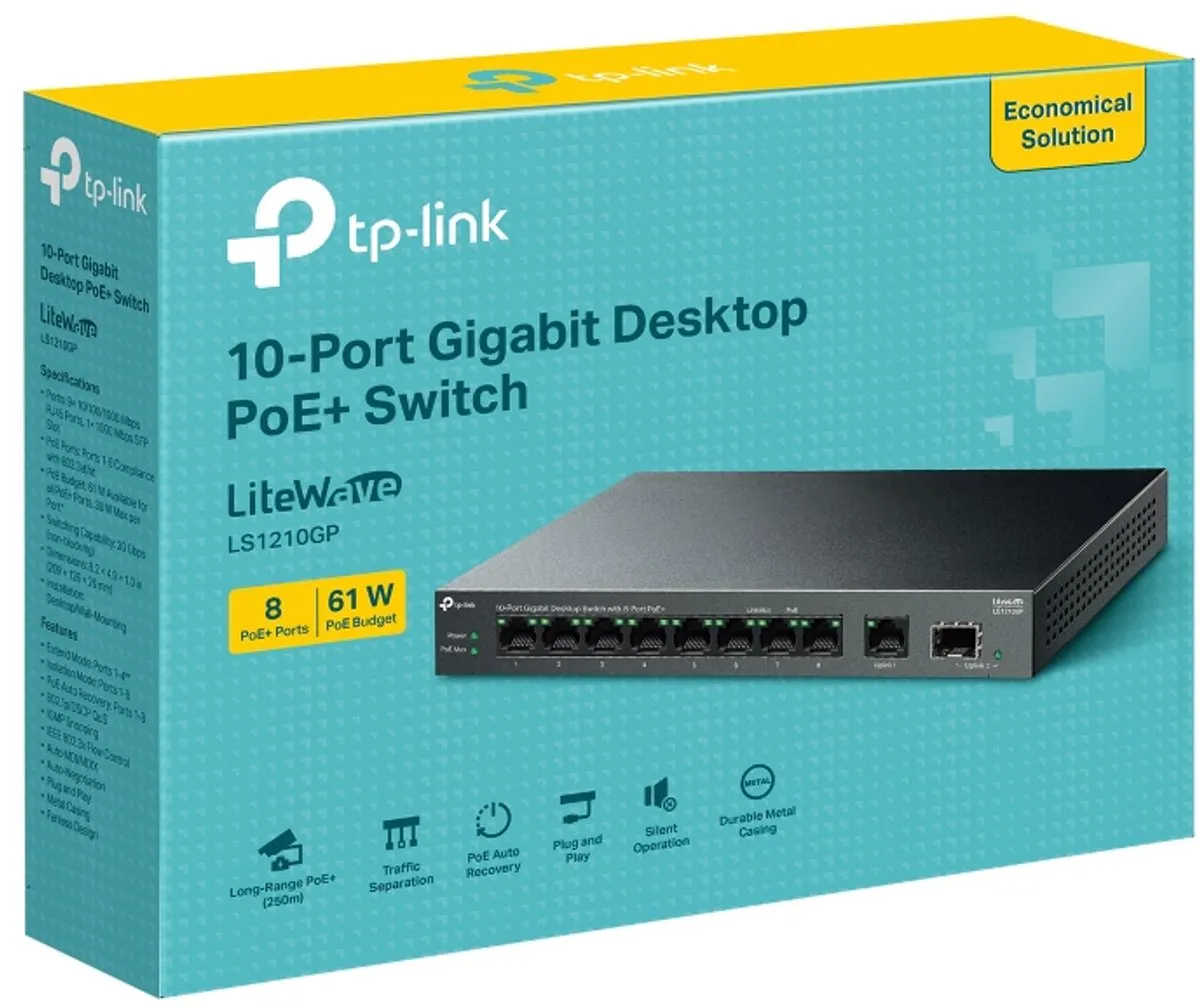 TP-Link LS1210GP PoE Switch - 8 PoE-poorten 61W - 9x 1Gbps