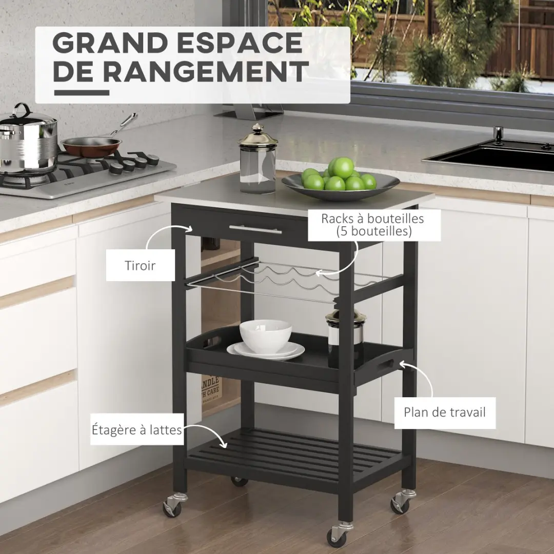 Homcom Keukenkar Massief Grenenhout 60x40x85cm - Zwart