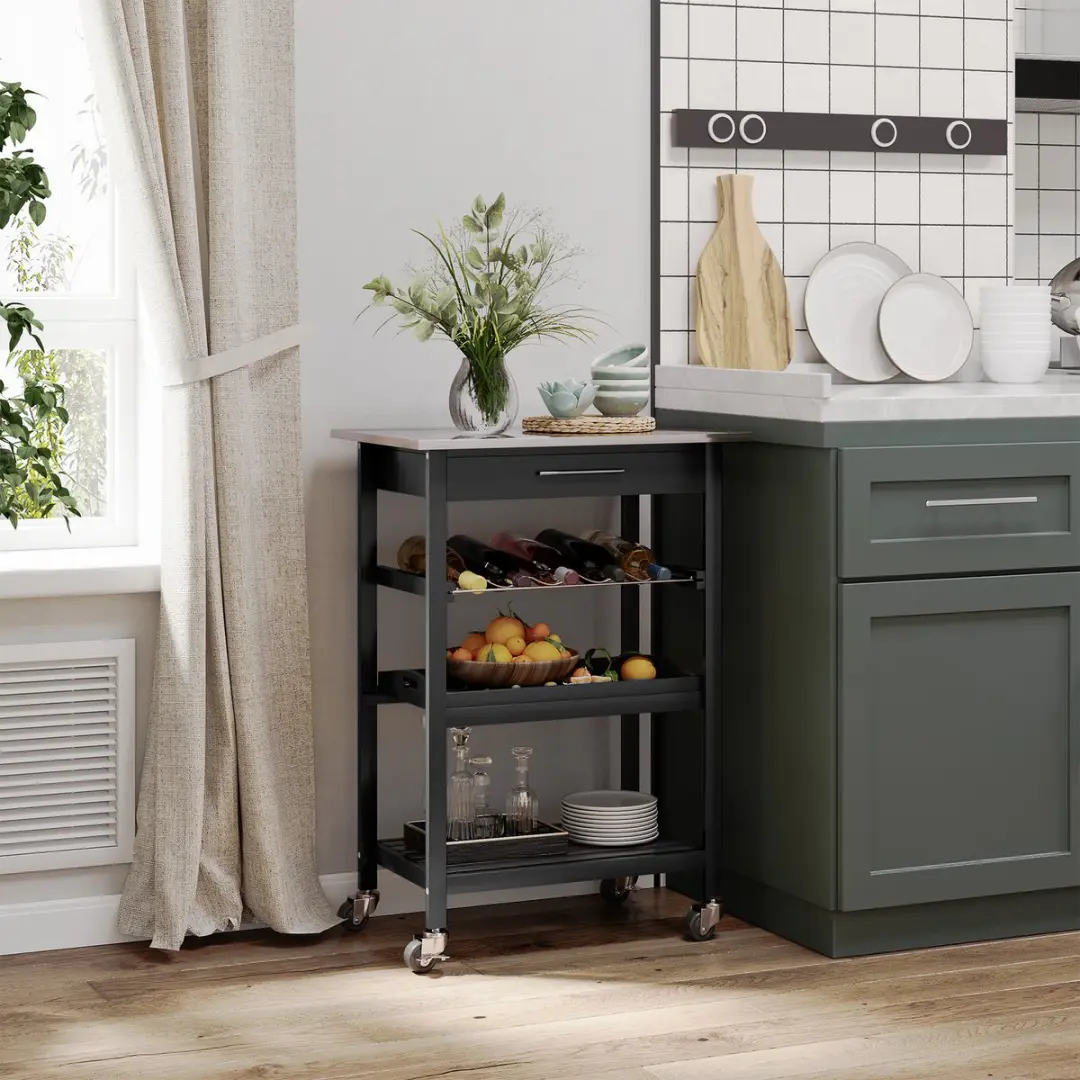 Homcom Keukenkar Massief Grenenhout 60x40x85cm - Zwart