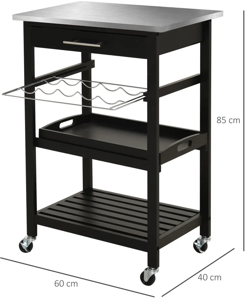 Homcom Keukenkar Massief Grenenhout 60x40x85cm - Zwart