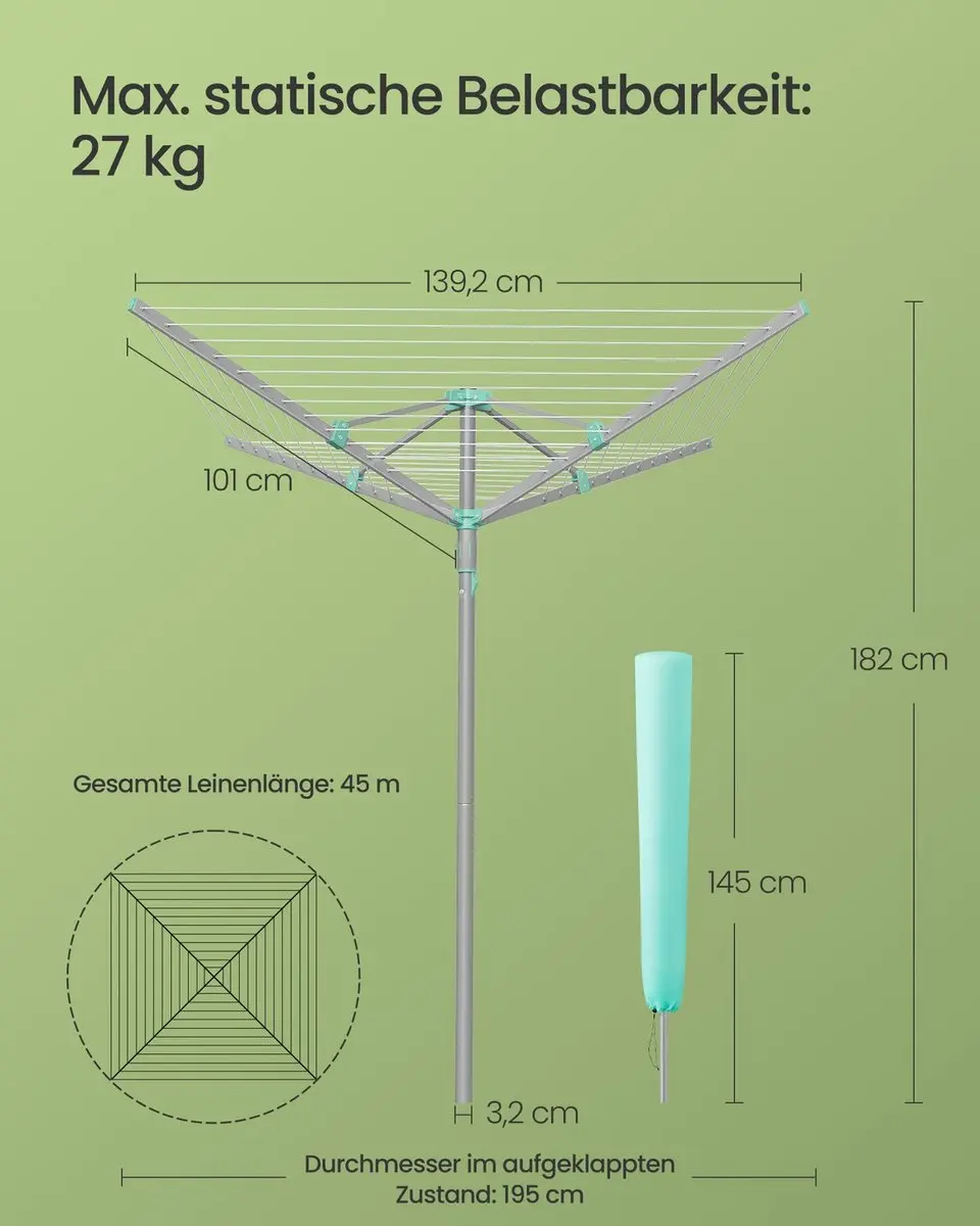 Songmics Draaibare Waslijn 45m - Staal/Kunststof - Turquoise/Zilver - afbeelding 6 van 6