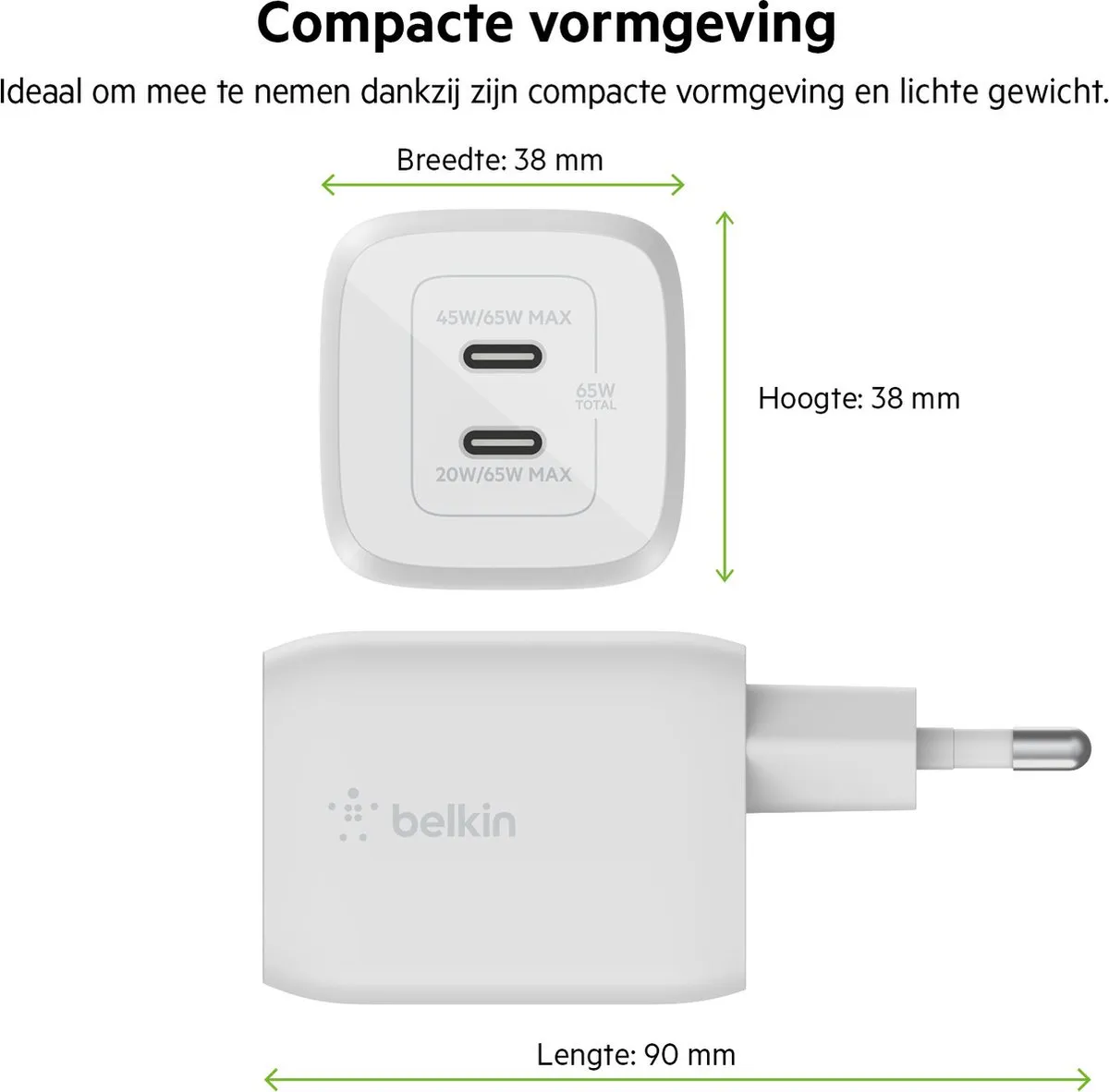 Belkin Boost-Up Charge Pro WCH013vfWH Adapter 65W - USB-C - 2 Poorten - Wit
