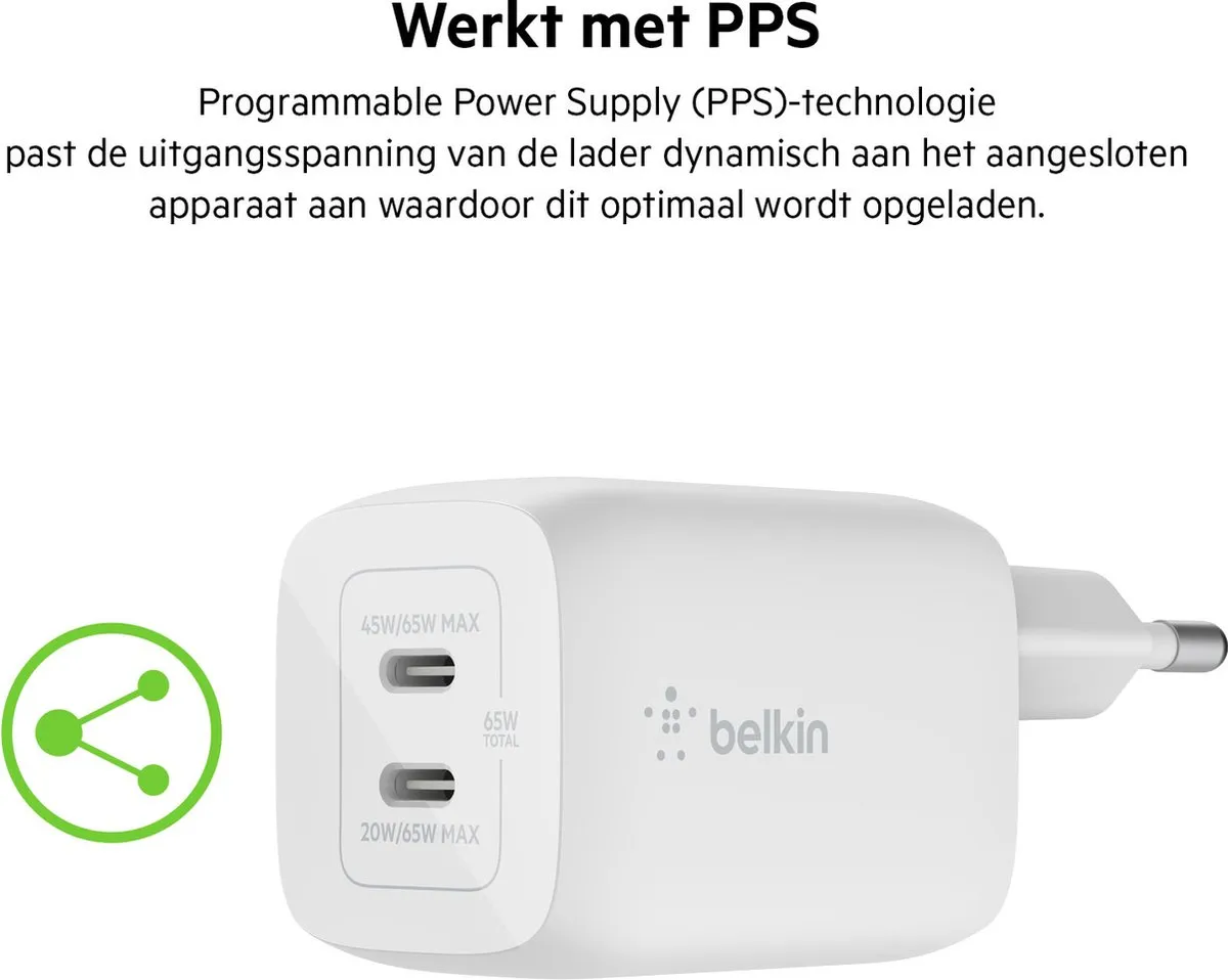 Belkin Boost-Up Charge Pro WCH013vfWH Adapter 65W - USB-C - 2 Poorten - Wit