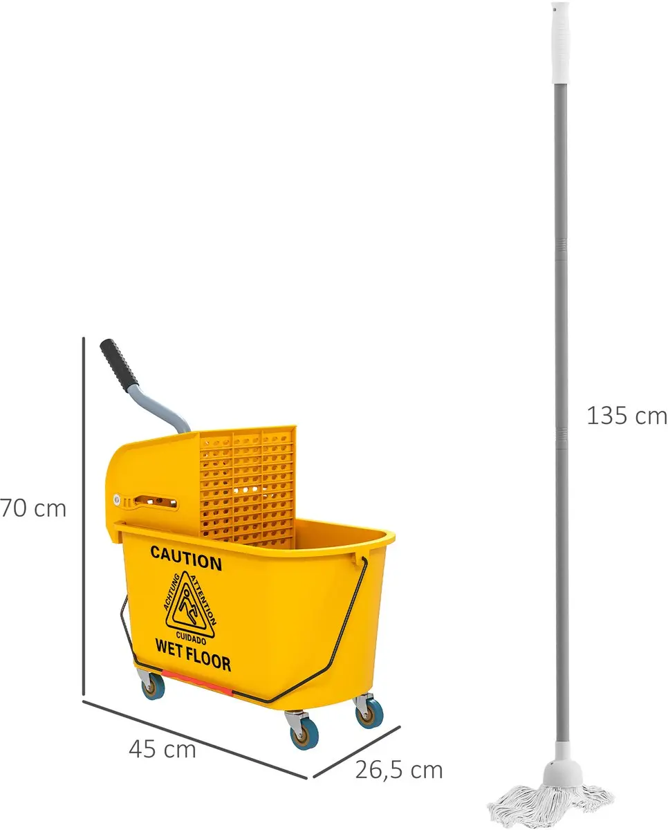 Homcom Dweil-emmer met wringer 45x26,5x70cm - Geel