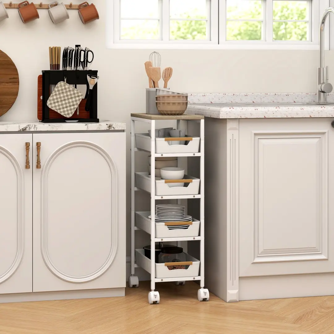 HOMCOM Keukenwagen Metaal, Kunststof 39,5L x 24B x 82H cm Wit